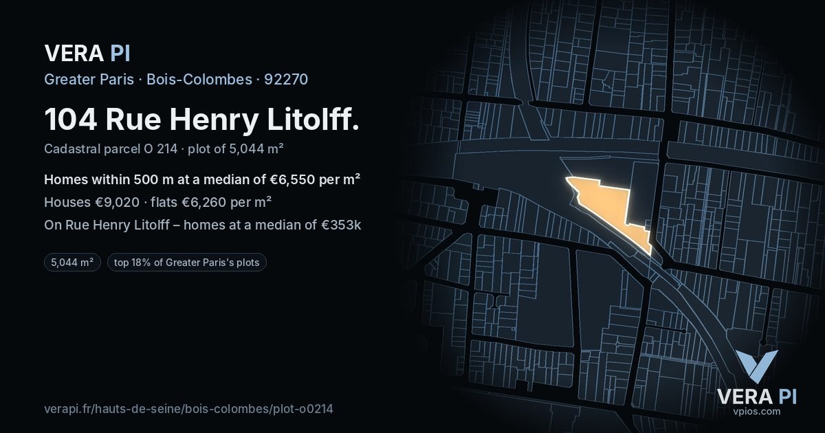 104 Rue Henry Litolff, Bois-Colombes at night – the plot lit, the parcels around coloured by the prices near them