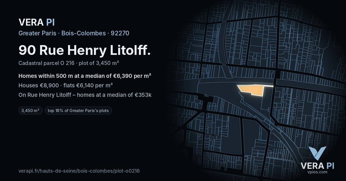 90 Rue Henry Litolff, Bois-Colombes at night – the plot lit, the parcels around coloured by the prices near them