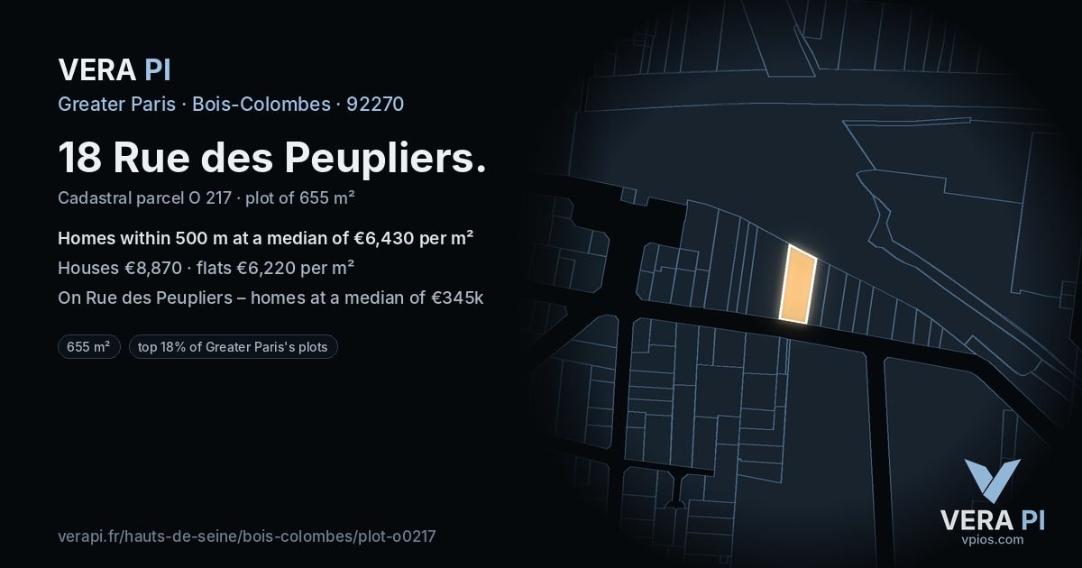 18 Rue des Peupliers, Bois-Colombes at night – the plot lit, the parcels around coloured by the prices near them