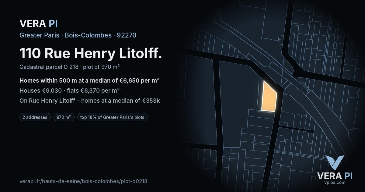 110 Rue Henry Litolff, Bois-Colombes at night – the plot lit, the parcels around coloured by the prices near them