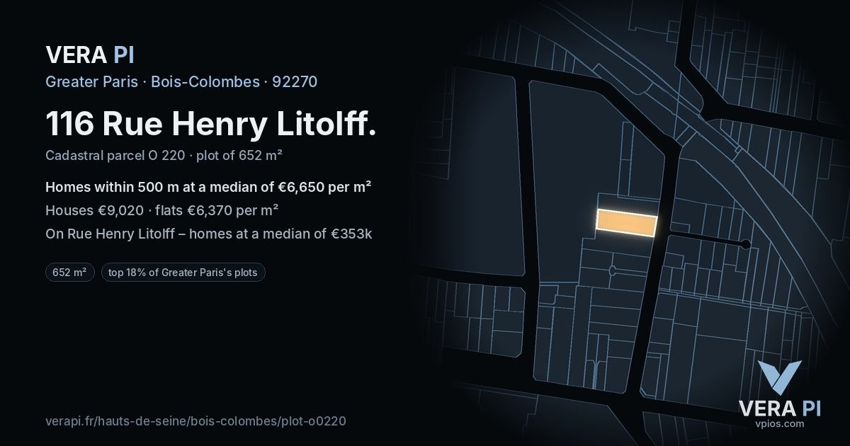 116 Rue Henry Litolff, Bois-Colombes at night – the plot lit, the parcels around coloured by the prices near them