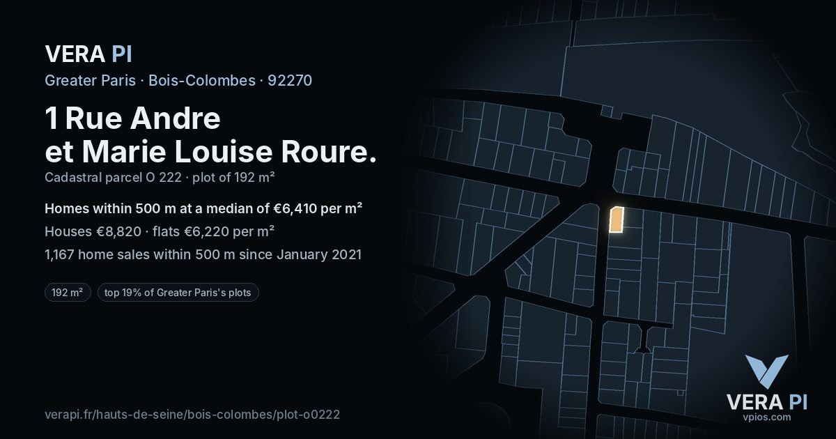1 Rue Andre et Marie Louise Roure, Bois-Colombes at night – the plot lit, the parcels around coloured by the prices near them