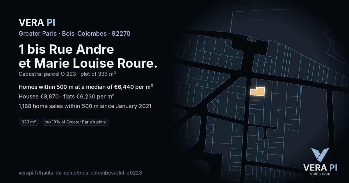 1 bis Rue Andre et Marie Louise Roure, Bois-Colombes at night – the plot lit, the parcels around coloured by the prices near them