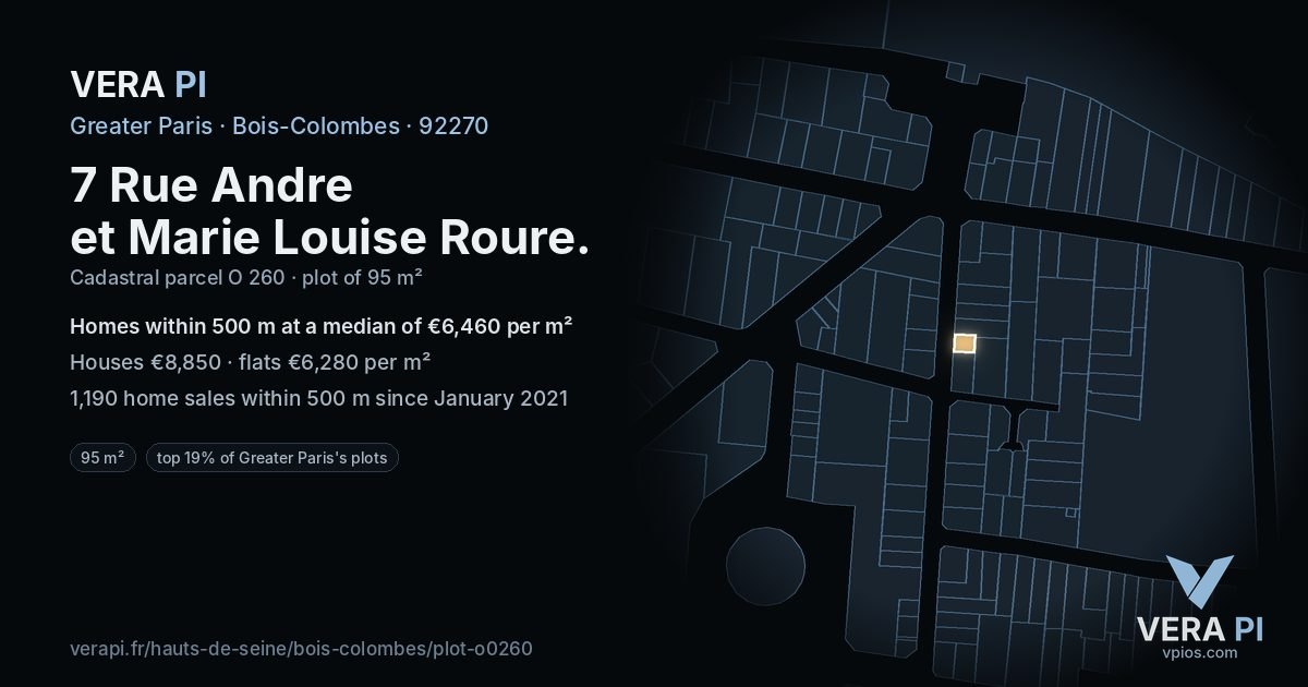 7 Rue Andre et Marie Louise Roure, Bois-Colombes at night – the plot lit, the parcels around coloured by the prices near them