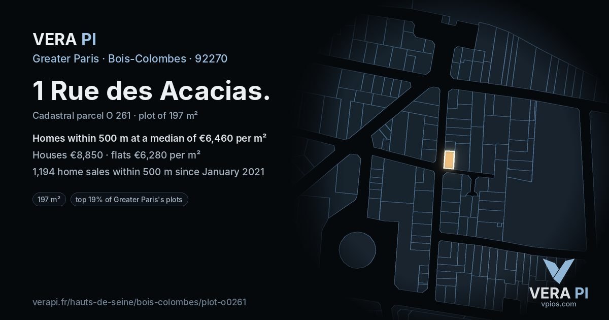 1 Rue des Acacias, Bois-Colombes at night – the plot lit, the parcels around coloured by the prices near them