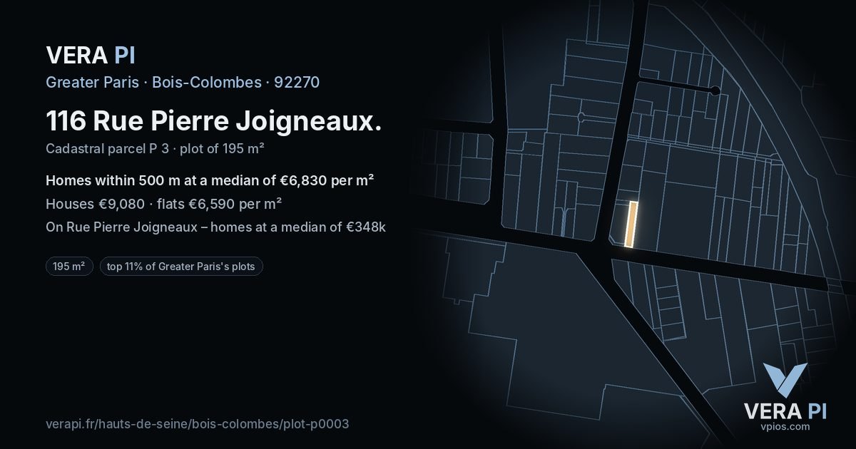 116 Rue Pierre Joigneaux, Bois-Colombes at night – the plot lit, the parcels around coloured by the prices near them