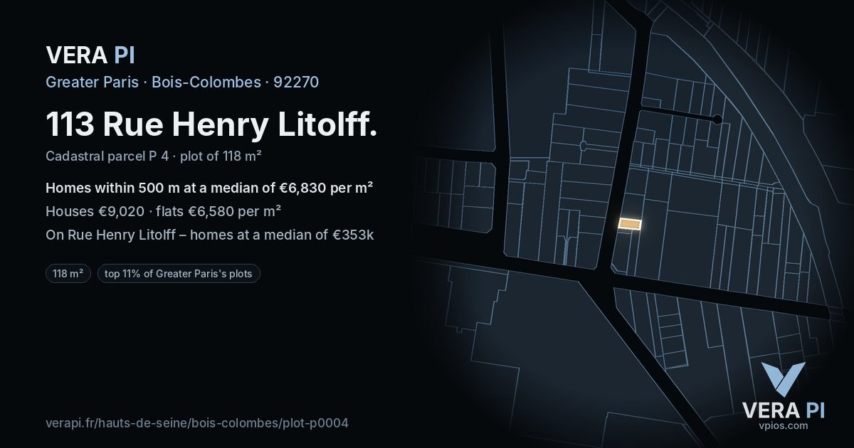 113 Rue Henry Litolff, Bois-Colombes at night – the plot lit, the parcels around coloured by the prices near them
