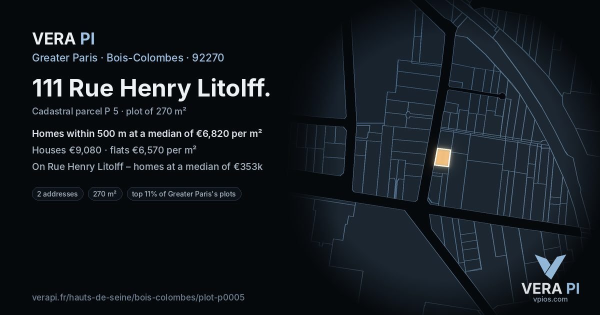 111 Rue Henry Litolff, Bois-Colombes at night – the plot lit, the parcels around coloured by the prices near them