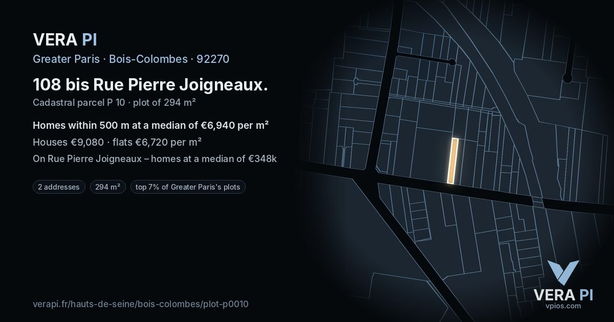 108 bis Rue Pierre Joigneaux, Bois-Colombes at night – the plot lit, the parcels around coloured by the prices near them