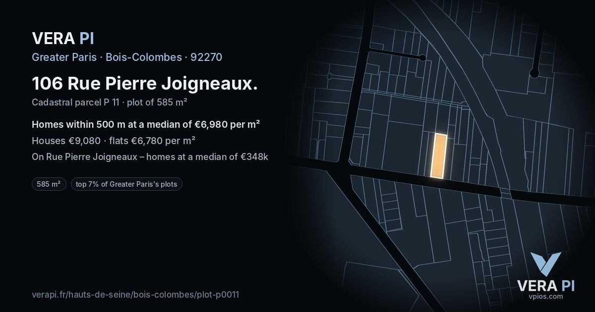 106 Rue Pierre Joigneaux, Bois-Colombes at night – the plot lit, the parcels around coloured by the prices near them