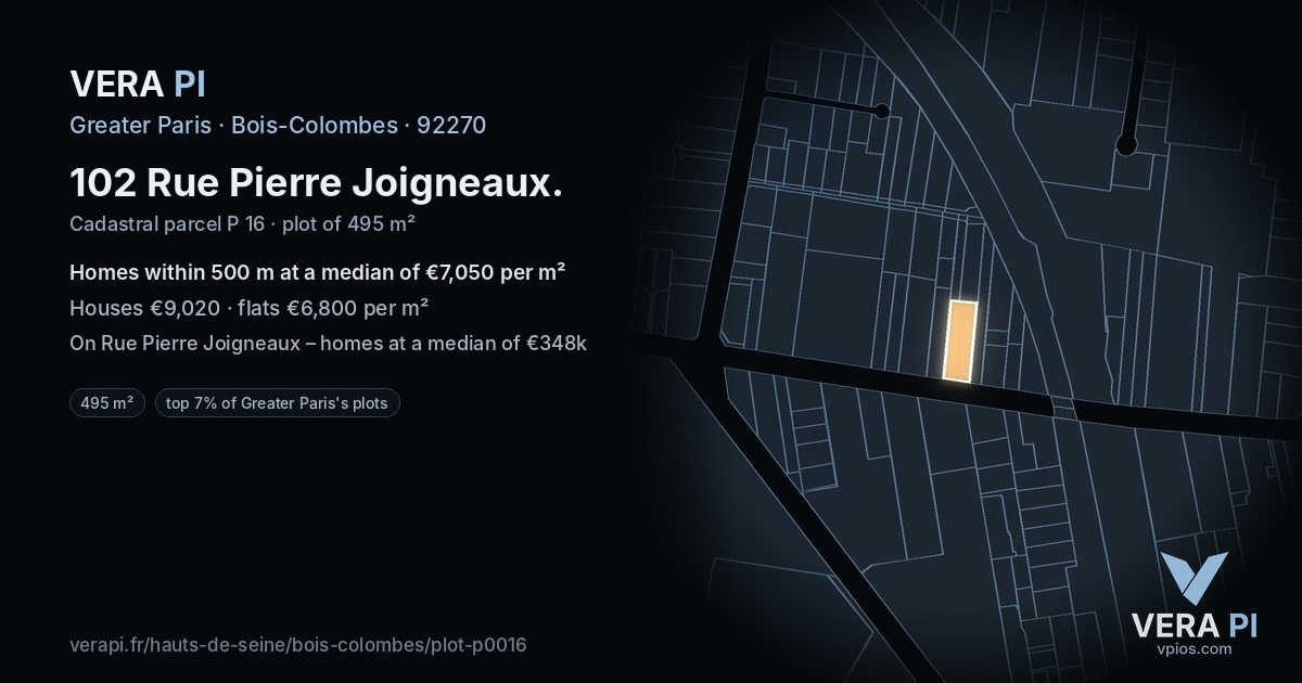 102 Rue Pierre Joigneaux, Bois-Colombes at night – the plot lit, the parcels around coloured by the prices near them