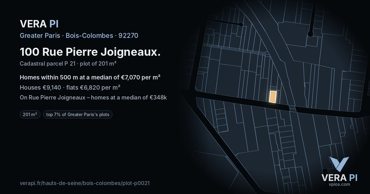 100 Rue Pierre Joigneaux, Bois-Colombes at night – the plot lit, the parcels around coloured by the prices near them