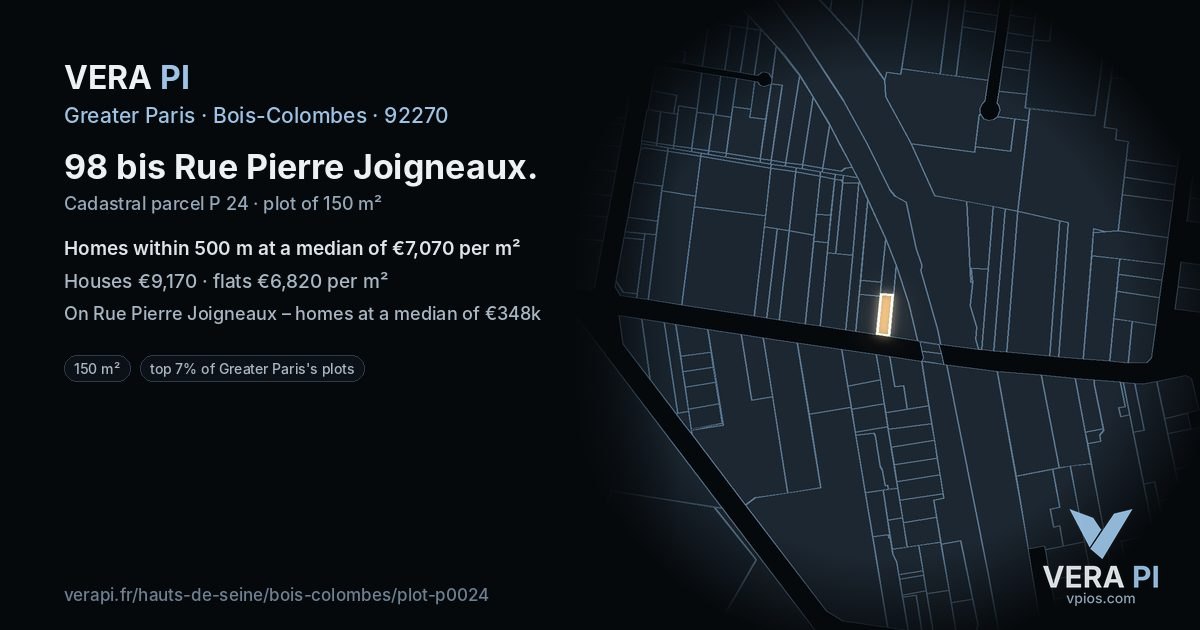 98 bis Rue Pierre Joigneaux, Bois-Colombes at night – the plot lit, the parcels around coloured by the prices near them
