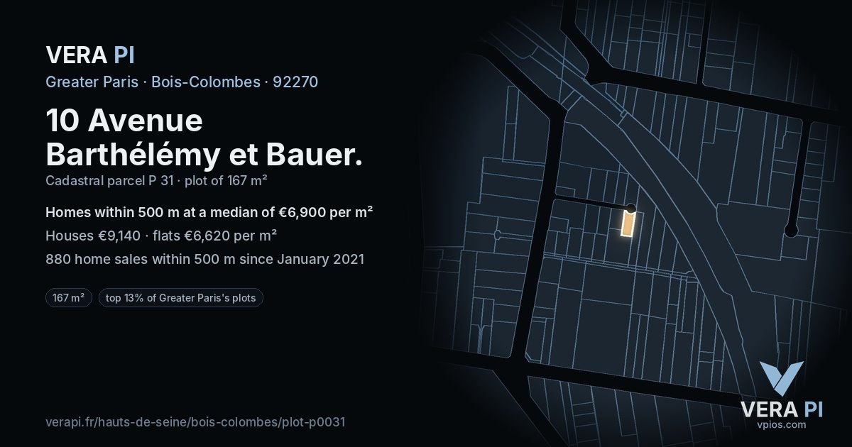 10 Avenue Barthélémy et Bauer, Bois-Colombes at night – the plot lit, the parcels around coloured by the prices near them