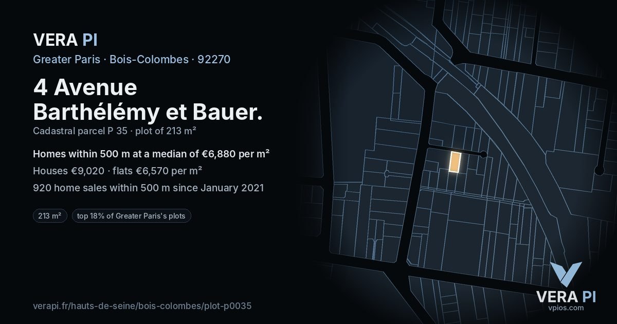 4 Avenue Barthélémy et Bauer, Bois-Colombes at night – the plot lit, the parcels around coloured by the prices near them