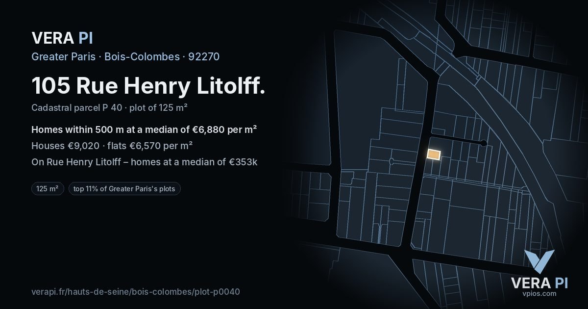 105 Rue Henry Litolff, Bois-Colombes at night – the plot lit, the parcels around coloured by the prices near them