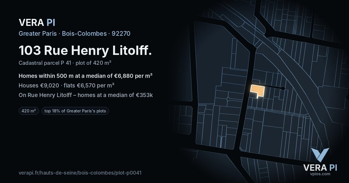 103 Rue Henry Litolff, Bois-Colombes at night – the plot lit, the parcels around coloured by the prices near them