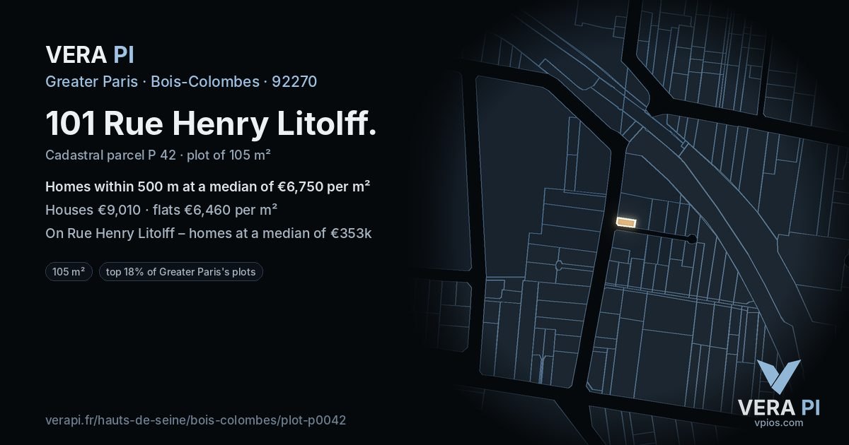 101 Rue Henry Litolff, Bois-Colombes at night – the plot lit, the parcels around coloured by the prices near them