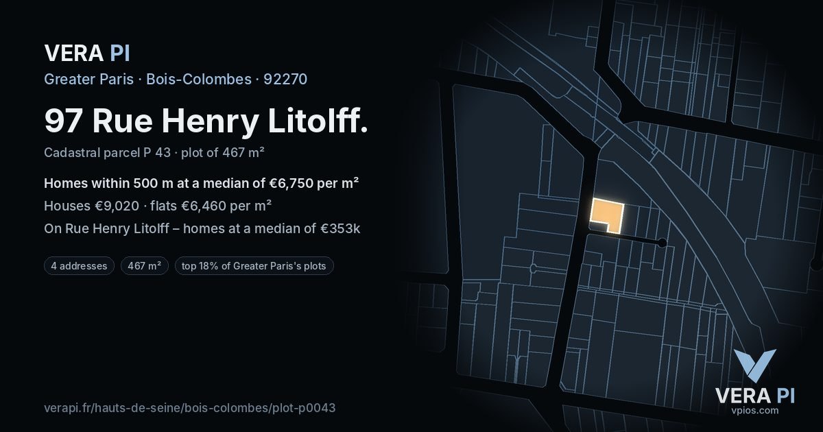 97 Rue Henry Litolff, Bois-Colombes at night – the plot lit, the parcels around coloured by the prices near them