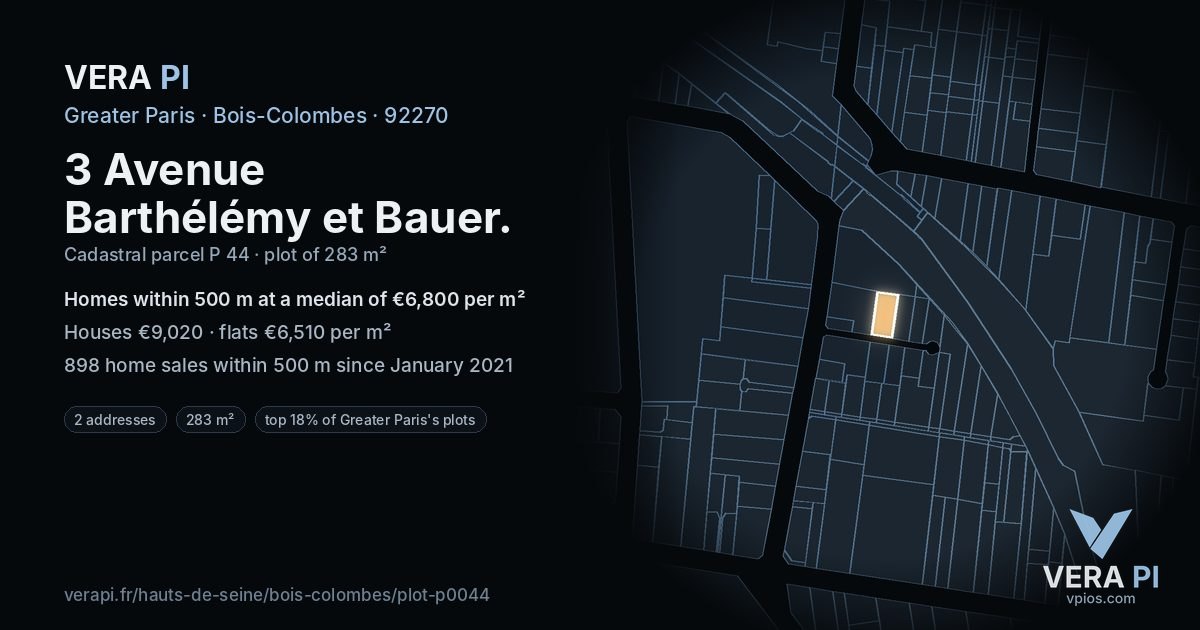 3 Avenue Barthélémy et Bauer, Bois-Colombes at night – the plot lit, the parcels around coloured by the prices near them