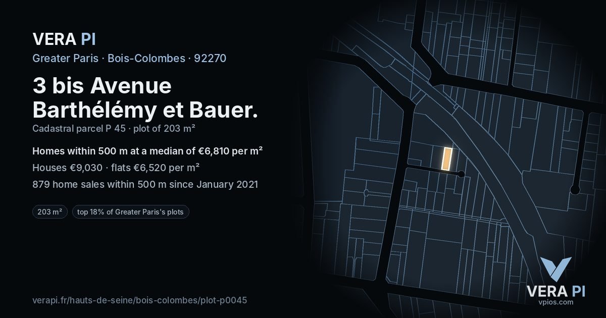 3 bis Avenue Barthélémy et Bauer, Bois-Colombes at night – the plot lit, the parcels around coloured by the prices near them