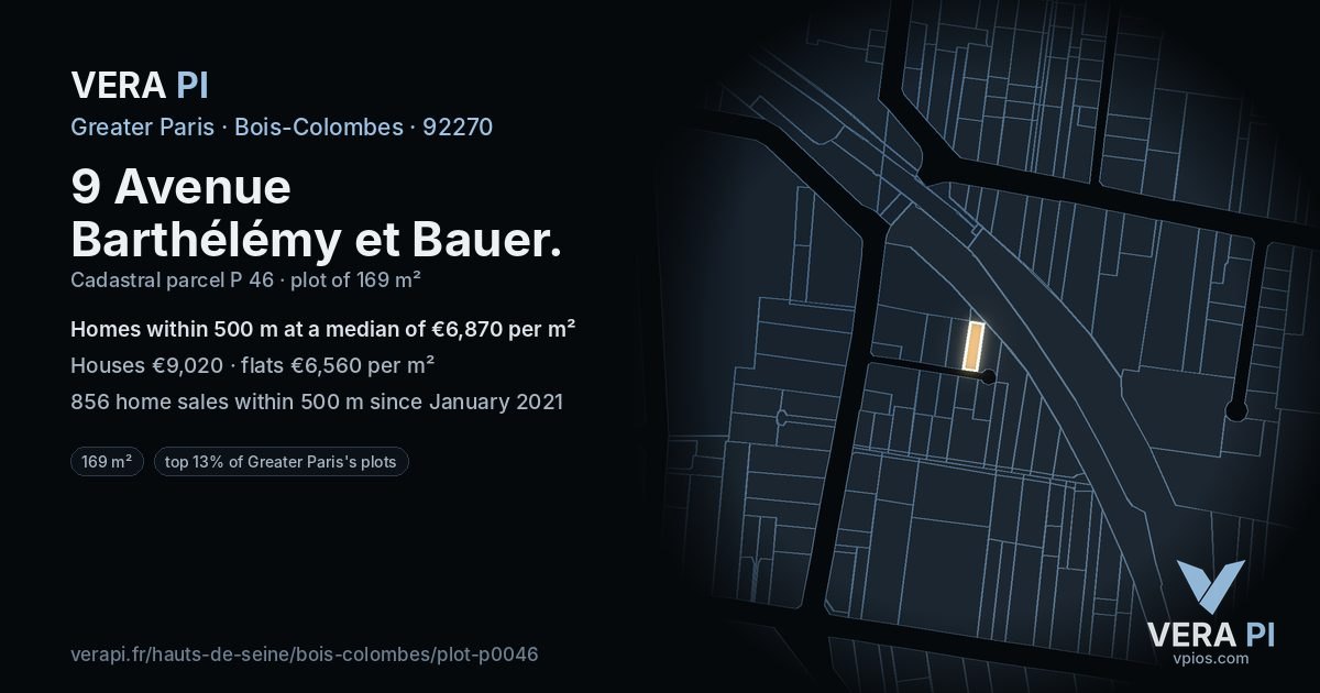 9 Avenue Barthélémy et Bauer, Bois-Colombes at night – the plot lit, the parcels around coloured by the prices near them