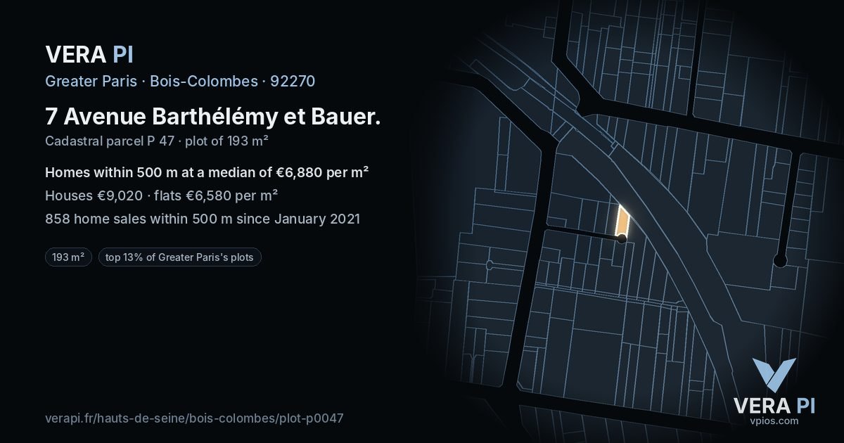 7 Avenue Barthélémy et Bauer, Bois-Colombes at night – the plot lit, the parcels around coloured by the prices near them