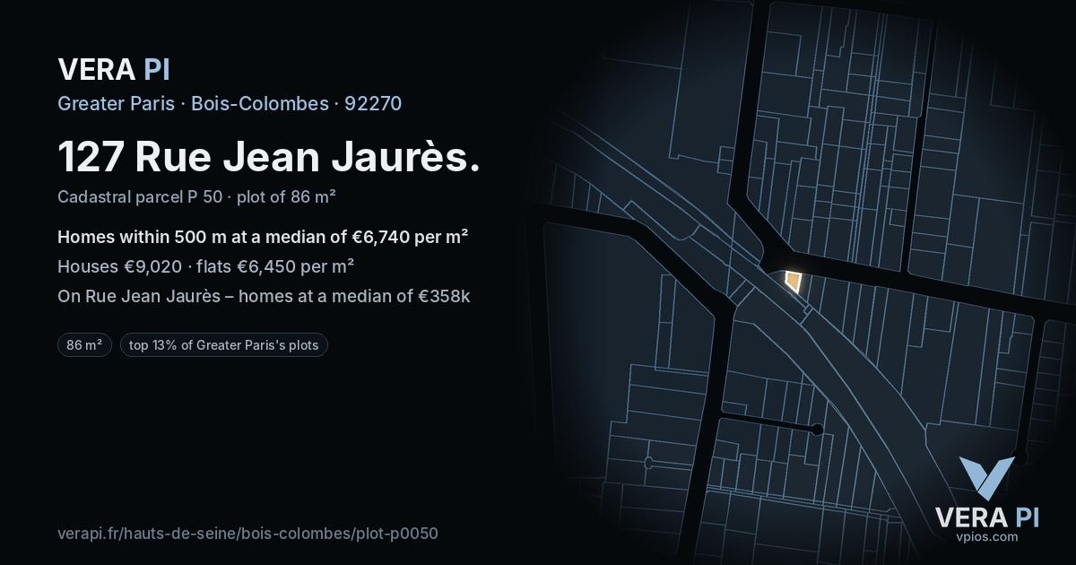 127 Rue Jean Jaurès, Bois-Colombes at night – the plot lit, the parcels around coloured by the prices near them