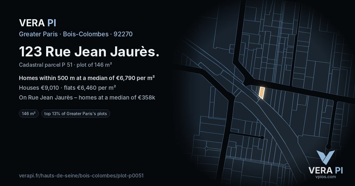123 Rue Jean Jaurès, Bois-Colombes at night – the plot lit, the parcels around coloured by the prices near them