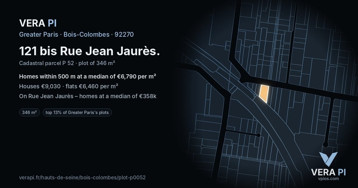 121 bis Rue Jean Jaurès, Bois-Colombes at night – the plot lit, the parcels around coloured by the prices near them