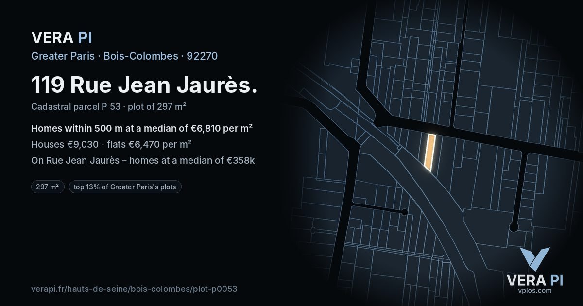 119 Rue Jean Jaurès, Bois-Colombes at night – the plot lit, the parcels around coloured by the prices near them
