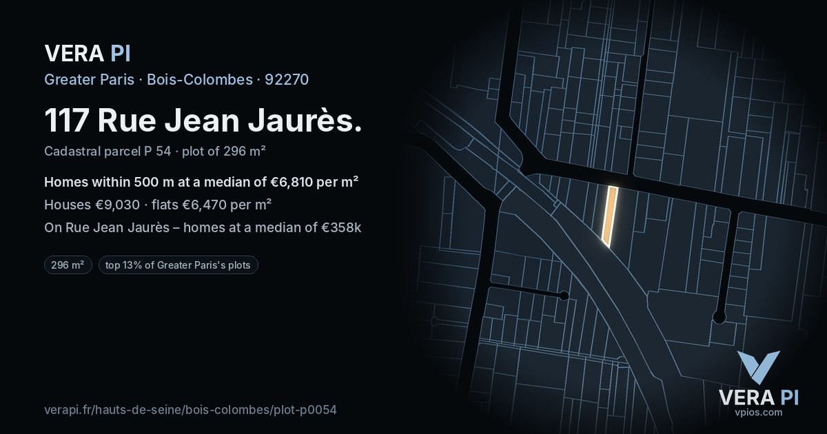 117 Rue Jean Jaurès, Bois-Colombes at night – the plot lit, the parcels around coloured by the prices near them