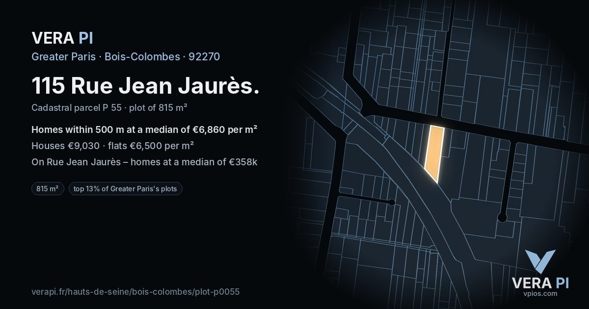 115 Rue Jean Jaurès, Bois-Colombes at night – the plot lit, the parcels around coloured by the prices near them