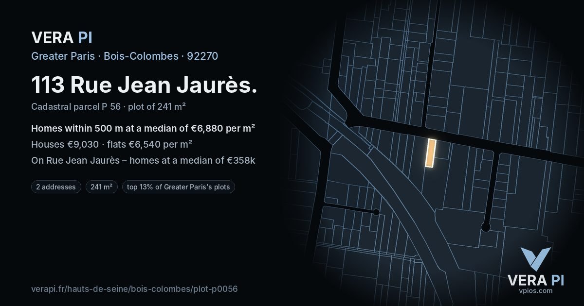 113 Rue Jean Jaurès, Bois-Colombes at night – the plot lit, the parcels around coloured by the prices near them