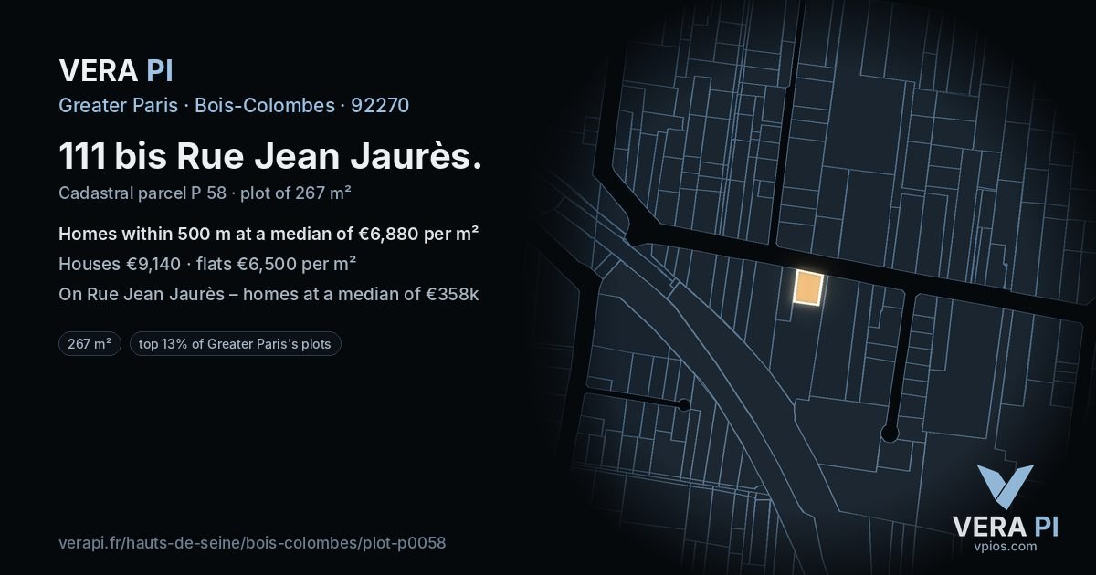 111 bis Rue Jean Jaurès, Bois-Colombes at night – the plot lit, the parcels around coloured by the prices near them