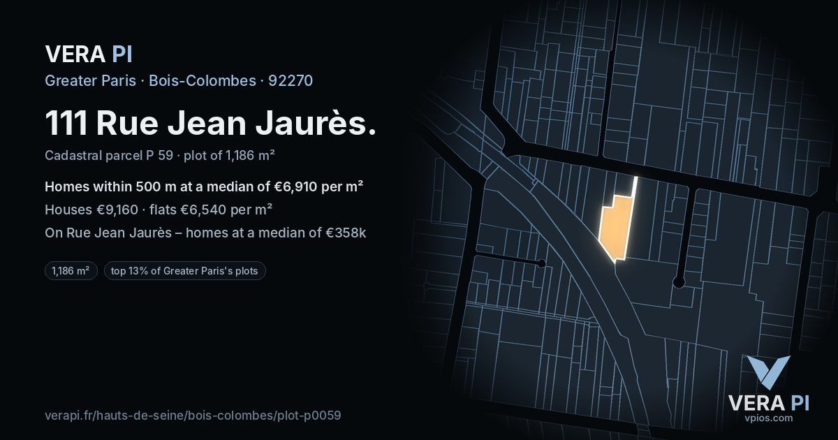 111 Rue Jean Jaurès, Bois-Colombes at night – the plot lit, the parcels around coloured by the prices near them