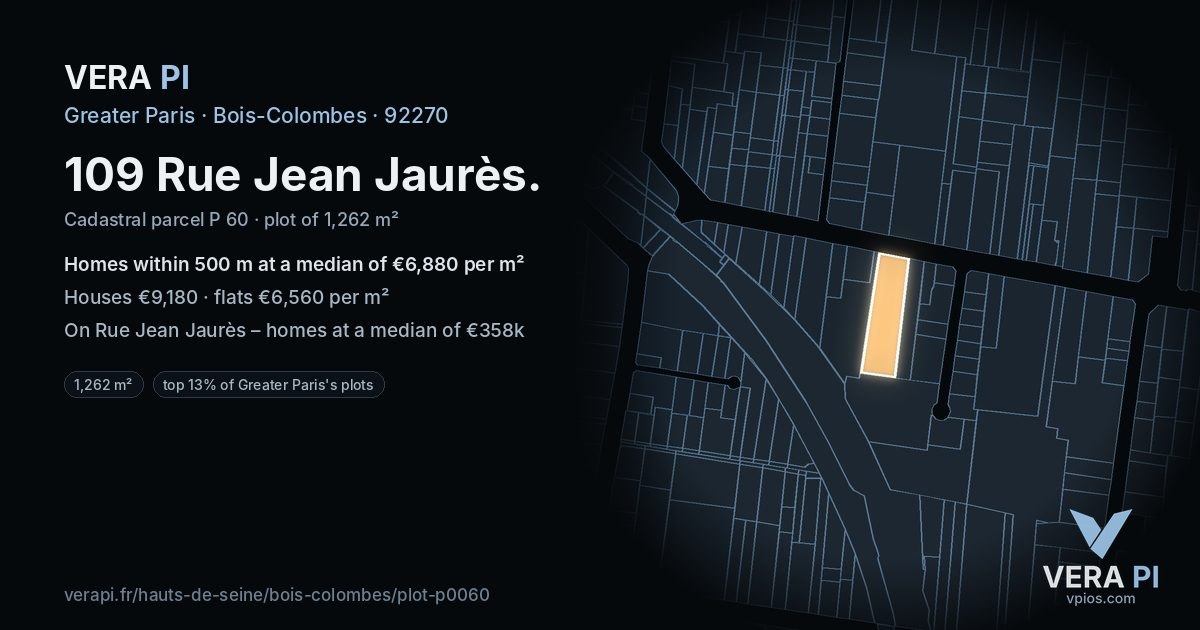 109 Rue Jean Jaurès, Bois-Colombes at night – the plot lit, the parcels around coloured by the prices near them