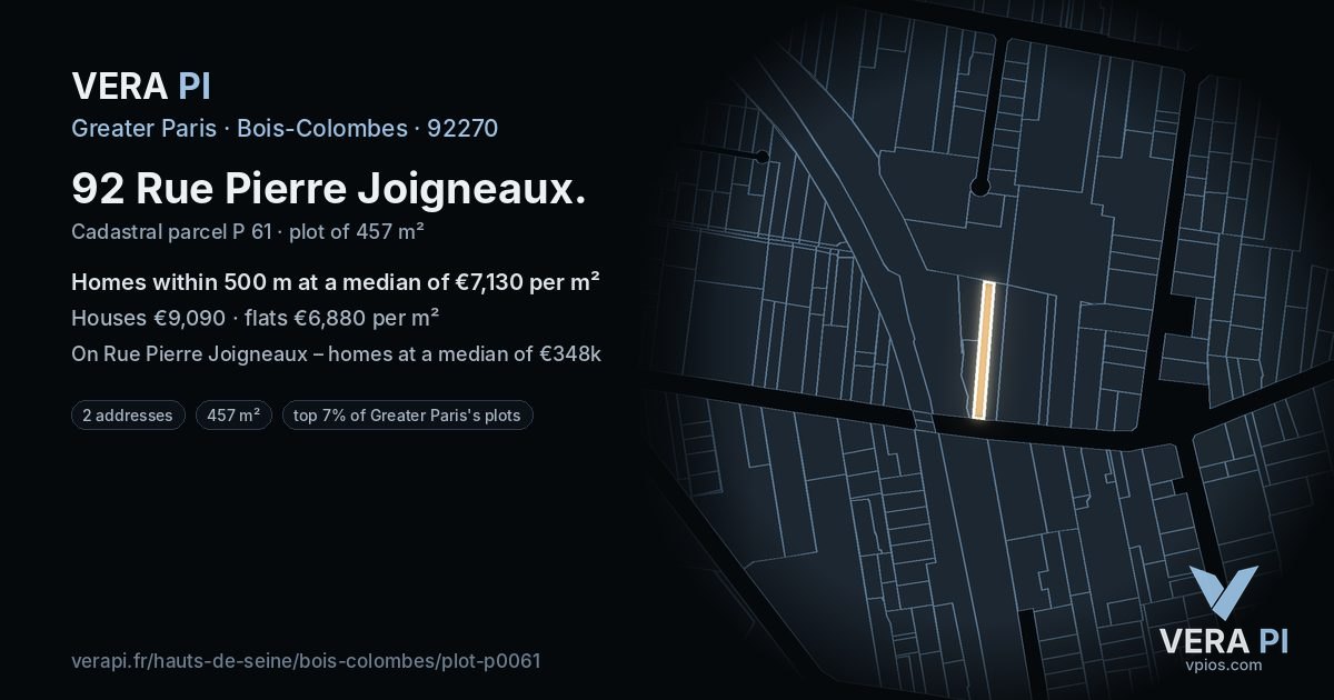 92 Rue Pierre Joigneaux, Bois-Colombes at night – the plot lit, the parcels around coloured by the prices near them