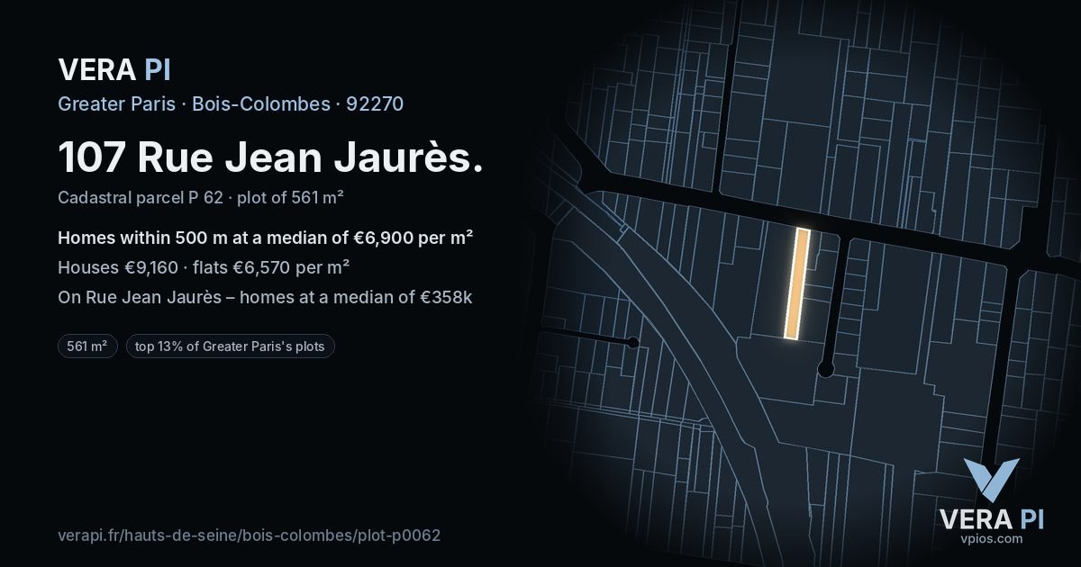 107 Rue Jean Jaurès, Bois-Colombes at night – the plot lit, the parcels around coloured by the prices near them