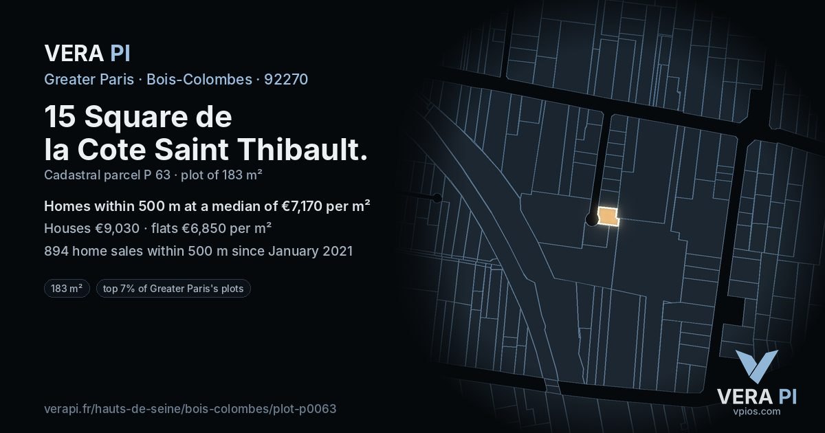 15 Square de la Cote Saint Thibault, Bois-Colombes at night – the plot lit, the parcels around coloured by the prices near them