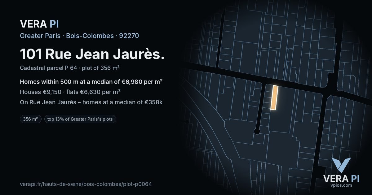 101 Rue Jean Jaurès, Bois-Colombes at night – the plot lit, the parcels around coloured by the prices near them