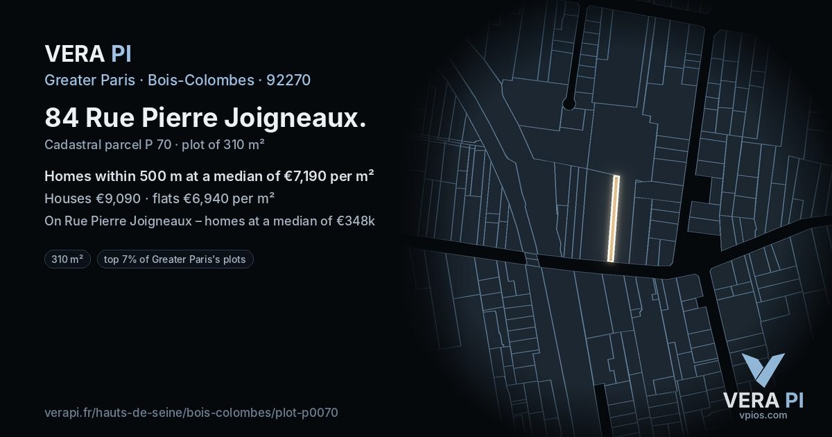 84 Rue Pierre Joigneaux, Bois-Colombes at night – the plot lit, the parcels around coloured by the prices near them