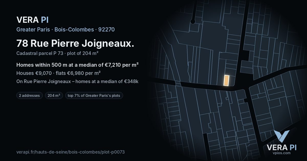 78 Rue Pierre Joigneaux, Bois-Colombes at night – the plot lit, the parcels around coloured by the prices near them
