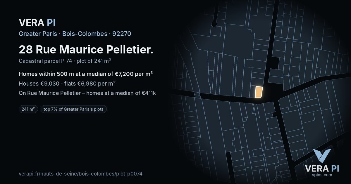 28 Rue Maurice Pelletier, Bois-Colombes at night – the plot lit, the parcels around coloured by the prices near them