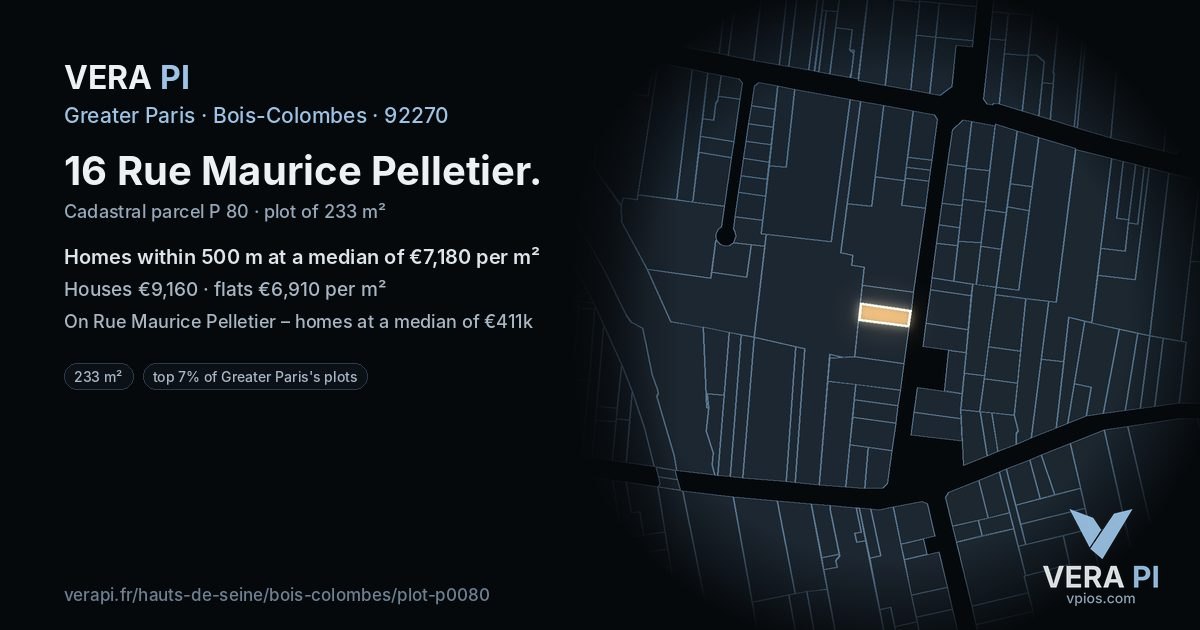 16 Rue Maurice Pelletier, Bois-Colombes at night – the plot lit, the parcels around coloured by the prices near them