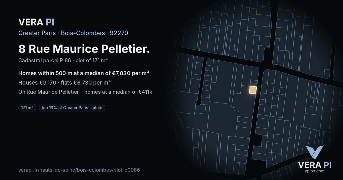 8 Rue Maurice Pelletier, Bois-Colombes at night – the plot lit, the parcels around coloured by the prices near them