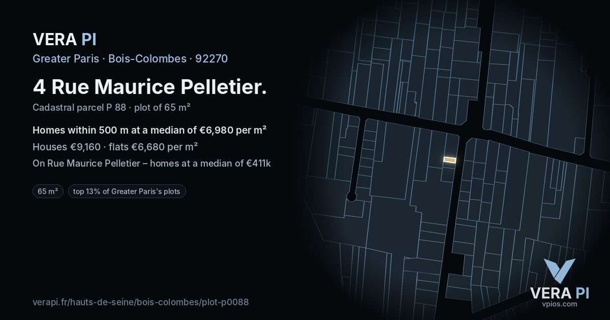 4 Rue Maurice Pelletier, Bois-Colombes at night – the plot lit, the parcels around coloured by the prices near them