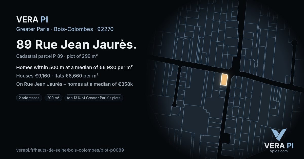 89 Rue Jean Jaurès, Bois-Colombes at night – the plot lit, the parcels around coloured by the prices near them