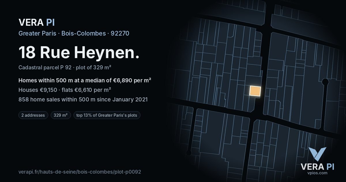 18 Rue Heynen, Bois-Colombes at night – the plot lit, the parcels around coloured by the prices near them