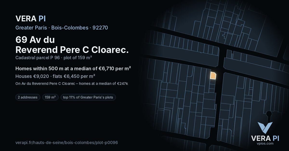 69 Av du Reverend Pere C Cloarec, Bois-Colombes at night – the plot lit, the parcels around coloured by the prices near them